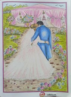 a drawing of a bride and groom kissing