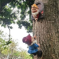 two gnome figurines are attached to the side of a tree