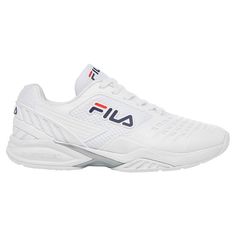 the fila tennis shoe is white with blue and red accents