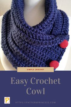 an easy crochet cowl with red buttons on it and text overlay