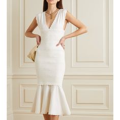 Bought For My Wedding And Never Ended Up Wearing! Nwt Victoria Beckham Scalloped Stretch Knit Dress Size Xs White V-neck Midi Dress For Wedding, Luxury White Midi Dress, Elegant Off-white Midi Dress For Wedding, Elegant Off White Midi Dress For Wedding, Luxury White Midi Length Dresses, Luxury Fitted White Dress, Luxury White Midi Dress For Wedding, Luxury White Midi Wedding Dress, Elegant Off White Midi Dress