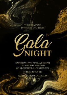 an elegant black and gold party card with the words gala night written in white on it