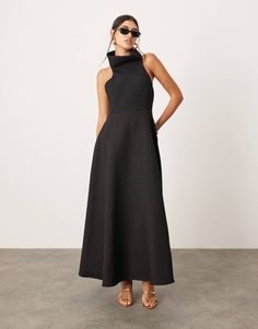 ASOS EDITION textured dramatic halter A-line maxi dress in black | ASOS Chic A-line Maxi Dress For Spring, Chic Fit And Flare Maxi Dress, Solid A-line Maxi Dress For Cocktail, Chic A-line Maxi Dress With Back Zipper, Sleeveless Black Maxi Dress With Back Zipper, Halter Black Dress, Dress High Neck, A Line Maxi Dress, Black Dress Outfits