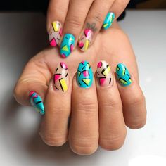 Nail Designs 80s, Lisa Frank Inspired Acrylic Nails, 90s Cup Nails, Neon 80s Nails, 1980s Nail Trends, 80s Style Nails, 1980 Nails, Mtv Nails