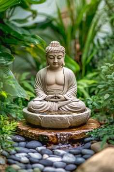 a buddha statue sitting on top of a rock in the middle of some plants and rocks