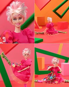 four different photos of barbie dolls in pink and green outfits, one with white hair