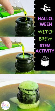 green liquid being poured into a bowl of soup with the words halloween witch brew steam activity