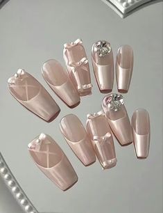 Croquette Nails Aesthetic, Nailfie Ideas, Wide Nails, Bow Nail, Ballet Nails, Long Press On Nails, Shoe Nails, Pretty Gel Nails, Really Cute Nails