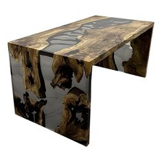 a wooden table with black and gold designs on it's sides, against a white background