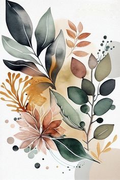 watercolor painting of leaves and flowers on white paper with brown, green, yellow and grey colors