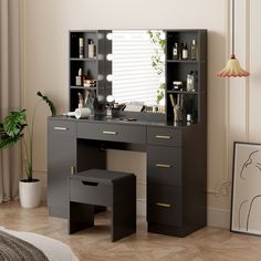 a bedroom with a vanity, stool and mirror