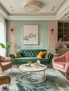 a living room filled with furniture and a chandelier hanging from the ceiling over a coffee table