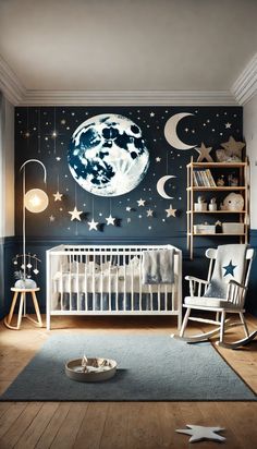 a baby's room with stars and moon decals on the wall, along with a rocking chair