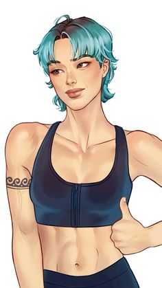 a drawing of a woman with blue hair and tattoos on her arm, giving the thumbs up