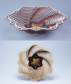 three different types of decorative plates in various shapes and sizes, each with designs on them