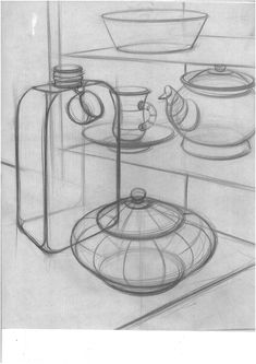 a drawing of teapots and plates on a shelf with glass containers in the background