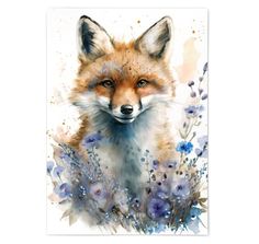 a watercolor painting of a red fox surrounded by blue and purple flowers on a white background