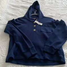 Nwts Jcrew Navy Elegant Hoodie With Four Gold Buttons, Single Pocket. Length: (Front) 21” (Back) 22”; Pit To Pit 21” J.Crew University Terry Henley Sweatshirt Mediterranean Navy. This Chic Hoodie Features A Few Gold Buttons Down The Front And Is Made From University Terry Fabric That's Smooth And Streamlined On The Outside And Soft On The Inside. Navy Hoodie With Drawstring, Navy Hooded Sweatshirt With Drawstring, Navy Cotton Sweatshirt With Drawstring Hood, Navy Single-breasted Long Sleeve Outerwear, Sporty Navy Crew-neck Sweatshirt, Navy Hoodie, Gold Buttons, Blue Gold, J Crew