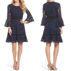 Eliza J Navy Blue And Black Bell Sleeve Lace Dress Nwot New Without Tag, Never Been Worn! Fully Lined (Except Sleeves) Perfect Party Or Event Dress! Size 14 Approximate Measurements (Laying Flat) Across Underarms 19” Waist 17.5” Length (Top Of Shoulder To Bottom Hem) 39” Sleeve Length 21” Elegant Midi-length Nordstrom Dress, Elegant Midi Length Nordstrom Dress, Elegant Fitted Nordstrom Dress, Elegant Navy Dress For Brunch, Nordstrom Fitted Knee-length Dress, Fitted Mini Length Dresses By Nordstrom, Fitted Mini Dress By Nordstrom, Fitted Mini Length Nordstrom Dress, Nordstrom Fitted Mini Length Dresses