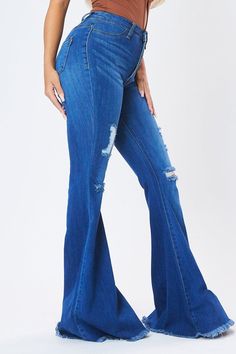 Raw Hem Distressed Bell Bottom Super Stretchy High Waisted Pockets 60% Cotton, 32% Modal, 7% T400, 1% Lycra (S) Rise: 10.5" Inseam: 34.5" Model is 5'4" and wearing a size 3 Size 1: 24 Size 3: 25 Size 5: 26 Size 7: 27 Size 9: 28 Size 11: 29 Size 13: 30 Size 15: 31 Blue Jean Bell Bottoms, Destroyed Jeans, Bell Bottom, Denim Flares, Country Outfits, Petite Outfits, Spring Outfits Casual, Dark Denim, Fit & Flare