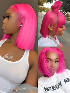 CurlyMe Pink Color Straight Hair 13x4 Lace Front Bob Wigs Shaklee Business, Color Straight Hair, Lace Front Bob Wigs, Lil Top, Pink Bob, Colorful Wigs, Lace Front Bob, Straight Bob Hairstyles, Front Bangs