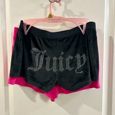 Juicy Couture Velour Medium Short Shorts Set Black & Pink New With Tags Y2k. These Are Super Cute And Brand New!! Perfect For Lounging Around The House And Sleeping In As Well. Super Soft And Comfy. Juicy Has Made A Huge Comeback And These Shorts Went Viral And Are Hard To Find! Y2k Stretch Shorts, Y2k Style Stretch Shorts, Pink Y2k Style Short Bottoms, Y2k Pink Bottoms For Night Out, Pink Y2k Bottoms For Night Out, Shorts Athletic, Short Shorts, Shorts Set, Athletic Shorts