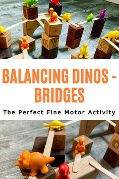 the cover of balancing dinos bridges, with wooden blocks and toy animals on them