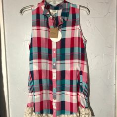 Umgee S Multi Color Plaid Lace Sleeveless Button Front Shirt Pockets, Blue/Pink, Cotton/Polyester, 19" Armpit To Armpit 29" Long Front , 33" Long Back Nwt Pink Sleeveless Summer Top, Sleeveless Plaid Blouse For Summer, Casual Plaid Sleeveless Vest, Casual Plaid Vest For Spring, Pink Sleeveless Cotton Vest, Casual Sleeveless Plaid Blouse, Casual Pink Sleeveless Blouse, Pink Sleeveless Top For Day Out, Multicolor Sleeveless Top With Buttons