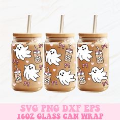 three jars with ghost stickers on them and the words svg dxf eps 120