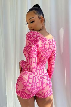 Long sleeve rounded neck romper 3-D fuzzy word printed romper Runs true to size Printed Long Sleeve Bodysuit For Parties, Pink Long Sleeve Printed Bodysuit, Fitted Pink Bodysuit With Letter Print, Words Prints, Printed Rompers, Sleeved Romper, Long Sleeve Romper, Pink Print, 3 D