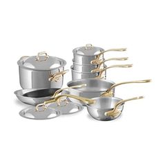 Mauviel M'COOK B 5-Ply 12-Piece Cookware Set With Brass Handles | Mauviel1830 | Made In France Oven Cleaner, Copper Cookware, Induction Hob, Stainless Steel Cookware, Cookware Sets, Steel Wool, Cookware Set, Brass Handles, Frying Pan