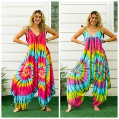 "Comfortable Tie Dye Hippie Jumpsuits Rompers Pants, Hippie Dress, Wide Legs Jumpsuits, Festival Clothings, Summer Clothing, Harem Dress, Beach Wear  * One-of-a-kind Hand Dyed Rompers * Fabric: 100% Soft and Breathable Premium Rayon * Adjustable Shoulders Ties * Boho / Hippie / Festival /Beach/ Tropical / Fancy / Photoshoot / UniqueTheme * Jumpsuit Length: 50\" * Straps Length: 19\" * Bust up to 65\" * Hip : Free  * Hand Dyed Method * The back is identical to front pattern * Flowy Open legs * On Cotton Jumpsuits And Rompers For Summer Festivals, Hippie Style Jumpsuits And Rompers For Vacation, Bohemian Cotton Jumpsuit For Vacation, Bohemian Cotton Jumpsuits And Rompers For Summer, Bohemian Cotton Jumpsuits And Rompers For Spring, Bohemian Cotton Jumpsuits And Rompers For Vacation, Flowy Bohemian Jumpsuits And Rompers For Summer, Bohemian Flowy Sleeveless Jumpsuit, Bohemian Sleeveless Flowy Jumpsuit