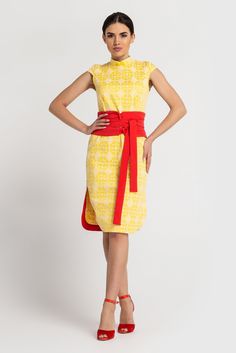 "A midi modern qipao dress featiring a high neck collar, - Modern cheongsam style - Mandarin neck with qipao closure (imitation) - Semi-Fitted pencil silhouette - Knee length (midi) - Sap sleeves - Side slits - Conceale back zipper closure - Wide red fabric belt included - Color: yellow & white jacquard - Fiber: cotton - 95%, elastane - 5% You may feel free choosing the size. Just send us your measurements (bust, waist, hips, height). For Size S: dress length - 40\" (102 cm) Our model wears Spring Formal Cheongsam With Stand Collar, Fitted Dress With Stand Collar For Festive Events, Festive Fitted Ao Dai With Stand Collar, Summer Formal Cheongsam With Stand Collar, Summer Wedding Dress With Stand Collar, Spring Formal Knee-length Cheongsam, Festive Fitted Cheongsam With Stand Collar, Sleeveless Cheongsam For Evening, Fitted Sleeveless Ao Dai For Spring