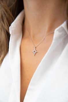 Minimalist north star necklace, Dainty initial north star pendant, Great gift for her, Black Friday Gift, 14k solid gold north star necklace, Chirstmas gift for her, gift for mothers, valentine gift, Mother days, valentine's day, girlfriend surprise, minimalist necklace gift, 14k real gold, so chic north star necklace, Dainty custom north star minimalist pendant *Material: Solid Gold (No Gold Filled or no Gold Plated) *Gold Karat: 14K (585) *North Star Length: mm *North Star Width: mm *Availa Silver Jewelry With Star Print As Gift, Silver Jewelry With Star Print For Gift, Silver Star Print Jewelry As Gift, Silver Star Print Jewelry For Gift, Star Print Jewelry As A Gift, Chirstmas Gift, Girlfriend Surprise, North Star Necklace, Star Necklace Silver