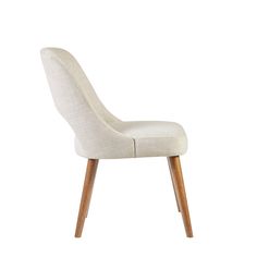 a white upholstered chair with wooden legs