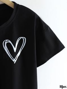 Bjux - Womens Summer Tops: Heart Graphic Cropped Sports Top, Round Neck Short Sleeve T-shirts Trendy Black T-shirt With Heart Print, Casual Short Sleeve Tops With Heart Graphic, Casual Short Sleeve T-shirt With Heart Print, Trendy Crew Neck Top With Heart Graphic, Casual Heart Print Short Sleeve T-shirt, Black Trendy T-shirt With Heart Print, Summer Heart-shaped Letter Print T-shirt, Casual Black T-shirt With Heart Shape, Casual Heart Print T-shirt For Streetwear