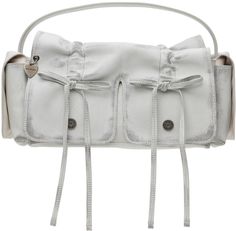 Brushed grained calfskin top handle bag in off-white. · Smudging throughout · Adjustable and detachable logo-embossed shoulder strap · Logo charm and bow accents at face · Flap pocket at sides · Ruching at magnetic flap · Patch pocket at interior · Grained faux-leather lining · Logo-engraved antiqued silver-tone hardware · H6 x W10.5 x D4 Supplier color: White/Grey Multipocket Bag, Acne Studios Bag, Handle Bag, Green Bag, Free Bag, Flap Pocket, Womens Tote Bags, Luggage Bags, Patch Pocket