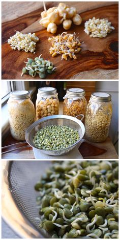 three pictures showing different types of food in glass jars and on wooden trays, including peas