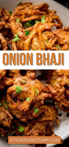 onion bhaji on a white plate with cilantro