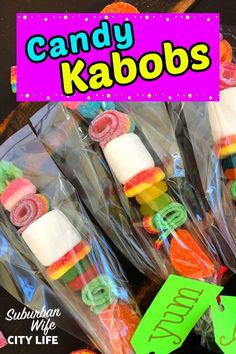 candy kabobs are wrapped in plastic bags