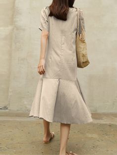 Cotton Solid Ruffle Short Sleeve Round Neck Casual Midi Dress Casual Dress With Pleated Hem, Casual Pleated Hem Dress With Short Sleeves, Casual Short Sleeve Dress With Pleated Hem, Casual Pleated Tiered Midi Dress, Casual Fitted Dress With Layered Hem, Casual Solid Color Tiered Midi Dress, Casual Peplum Summer Dresses, Summer Midi Dress With Ruffle And Flared Hem, Casual Beige Midi Dress With Ruffles