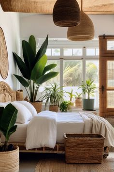 a bedroom with plants and wicker baskets on the floor