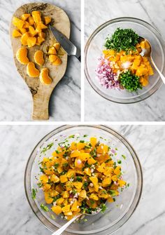 the process to make mango salad is shown in three different pictures, including one being chopped up