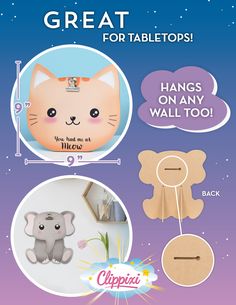 a poster with an elephant, cat and mouse on it's back cover that says great for tabletops hangs on any wall too