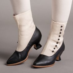 Manhattan Victorian Cloth-Top Button Boots are based on original antique button boots in museum collections and our own archive of historic footwear. They feature true historical functionality with a 9-button closure paired with cotton canvas uppers and French heels for a snazzy look. Wear Manhattan button boots with l Victorian Button Boots, 1890s Shoes, 1860s Shoes, French Heels, Edwardian Shoes, 1860s Fashion, Century Shoes, American Duchess, Historical Shoes