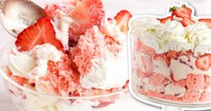 two desserts with strawberries and whipped cream in them