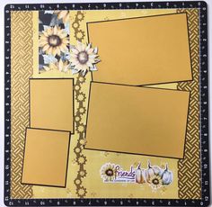 a yellow and black photo frame with sunflowers on the front, and two smaller frames