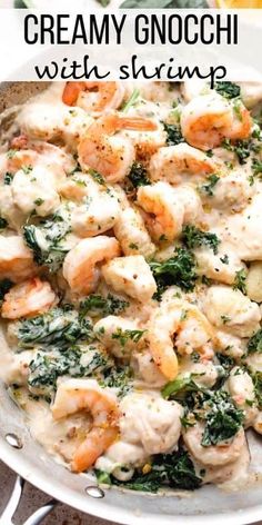 creamy gnocchi with shrimp and spinach in a skillet