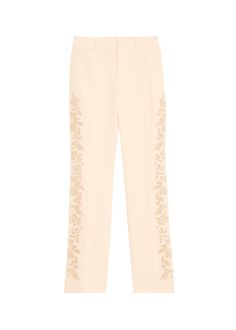 Find CINQ À SEPT Kerry Cutout Paisley Embroidery Straight-leg Pants on Editorialist. Cinq à Kerry 22 slim pants featuring cutwork embroidery on the sides with a paisley motif Approx. measurements: 2.9%22 rise; 33.5%22 inseam; 18%22 outseam Mid rise Side slip pockets; back welt pockets Full length Straight legs Hook and bar/zip fly Triacetate/polyester Lining: Polyester Dry clean Imported Model is 5'10%22/177cm. Floral Embroidered Pants For Spring Workwear, Embellished Spring Trousers, Embellished Spring Bottoms, Embroidered Pants For Spring Workwear, Elegant Floral Embroidered Summer Bottoms, Floral Embroidered Straight Pants For Workwear, Elegant Embroidered Bottoms For Spring, Elegant Embroidered Wide Leg Pants, Floral Embroidery Straight Pants For Workwear