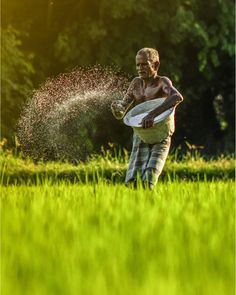 an old man is sprinkling grass with a frisbee in his hand